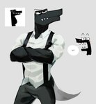 anthro black_body clothing crossed_arms dress_shirt eyebrows letter male overalls pokemon_speak reference_image sharp_teeth shirt solo speech_bubble teeth text topwear akarugon alphabet_(mike_salcedo) f_(mike_salcedo) scalie hi_res