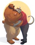 anthro barefoot beard belly belly_grab big_belly body_hair chest_hair claws clothing duo face_in_chest facial_hair feet hand_on_head heart_symbol holding_partner horn hug male male/male muscular muscular_anthro muscular_male nipples overweight overweight_anthro overweight_male reach_around size_difference smaller_male smile spade_tail standing tail soul_nero bear brown_bear demon hybrid mammal ursine absurd_res hi_res