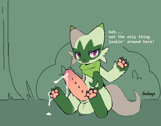 3_toes animal_genitalia animal_penis anthro balls big_penis biped bodily_fluids claws ellipsis emanata erection exclamation_point facial_markings feet feline_genitalia feline_penis genital_fluids genitals green_body head_markings huge_penis kerchief leaking_precum looking_at_viewer male male_anthro markings mask_(marking) neckerchief neckwear pawpads penile_spines penis precum sheath sitting soles solo talking_to_viewer text toe_claws toes bakap nintendo pokemon felid feline floragato generation_9_pokemon mammal pokemon_(species) artist_name colored digital_media_(artwork) english_text