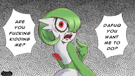 4_fingers black_text dialogue fingers gesture green_fingers green_hair hair hand_gesture humor not_furry open_mouth pointing pointing_at_self profanity red_eyes solo speech_bubble text white_body wittlemoew nintendo pokemon gardevoir generation_3_pokemon humanoid pokemon_(species) 16:9 2026 english_text hi_res widescreen