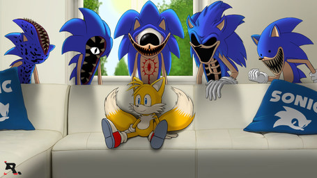 anthro clone clothing creepy demonic footwear furniture gloves group handwear horror_(theme) male multi_tail nightmare_fuel oblivious on_sofa pillow shoes sitting sitting_on_sofa sofa tail text window ragnarium creepypasta piper_perri_surrounded sega sonic.exe_(creepypasta) sonic_the_hedgehog_(series) miles_prower sonic.exe sonic.eyx sonic.ribs canid canine eulipotyphlan fox hedgehog mammal 16:9 hi_res meme widescreen