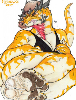 5_toes anthro bent_legs big_breasts black_bra black_clothing black_sclera black_underwear bra breasts cleavage clothed clothing colored_nails countershade_body countershade_scales countershading cracks dirty dirty_feet dirty_soles facial_spikes feet female foot_focus frill_(anatomy) head_crest head_spikes helmet_(anatomy) jaw_spikes looking_at_viewer lying multicolored_body nails on_side orange_nails orange_pupils orange_toenails plantigrade pupils scales scar simple_background soles solo spikes spikes_(anatomy) tail toenails toes tongue tongue_out underwear white_background white_body white_feet wrinkled_feet wrinkles yellow_body zabraxas dinosaur marginocephalian ornithischian pachycephalosaurid pachycephalosaurus prehistoric_species reptile scalie hi_res watermark