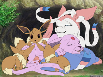 eyes_closed female feral fluffy fluffy_tail group hug male narrowed_eyes open_mouth pawpads pillow scar smile surgical_scar tail backlash91 conditional_dnp nintendo pokemon eevee eeveelution espeon generation_1_pokemon generation_2_pokemon generation_6_pokemon pokemon_(species) sylveon 4:3 hi_res parent_(lore) parent_and_child_(lore)