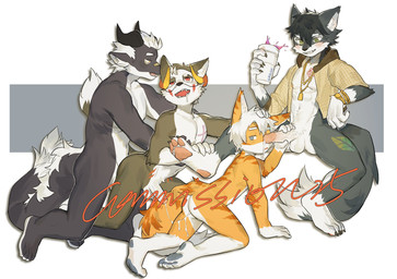 anthro anthro_on_anthro balls bodily_fluids claws countershade_face countershade_fur countershade_torso countershading cum cum_from_ass cum_in_ass cum_inside cum_string dipstick_tail foursome fur genital_fluids genitals glans group group_sex hair holding_object horn humanoid_genitalia humanoid_penis inner_ear_fluff kemono male male/male markings open_mouth orange_body orange_fur pawpads penis sex tail tail_markings tuft milkybot mythology hu_ku_li_(milkybot) wolf_dongdong_(character) wuyabottom_(character) yay_(milkybot) domestic_cat dragon felid feline felis mammal mythological_creature mythological_scalie scalie hi_res