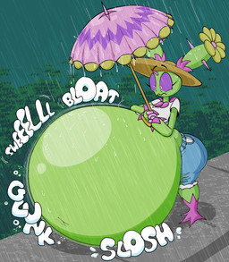 belly big_belly clothed clothed_female clothed_humanoid clothing female female_humanoid green_body hat headgear headwear huge_belly inflation outside purple_sclera raining shirt solo text topwear umbrella white_clothing white_shirt white_topwear blahblah866 nintendo pokemon pepper_(winterwait) generation_5_pokemon humanoid maractus pokemon_(species) 2025 digital_media_(artwork) hi_res
