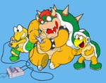 anthro claws clothing controller electronics footwear game_controller gaming group hair horn male open_mouth playing_video_game red_hair shell shoes simple_background sitting spikes spikes_(anatomy) super_nintendo_controller teeth trio yellow_body scottforester17 mario_bros nintendo super_nintendo bowser hammer_bro koopa koopa_troopa reptile scalie turtle hi_res