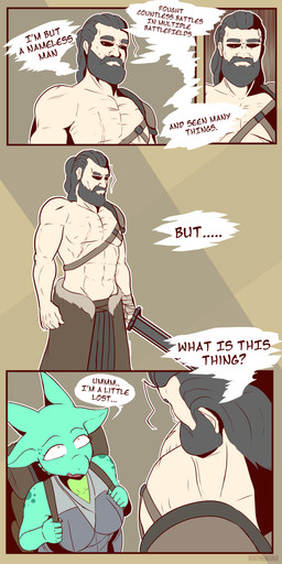 ahoge anthro armor backpack beard black_sclera breasts duo ellipsis eye_contact facial_hair female grey_hair hair holding_melee_weapon holding_object holding_sword holding_weapon horn looking_at_another male melee_weapon speech_bubble sword teal_body text weapon white_eyes yellow_eyes the_man screws_(jackie_hiero) the_man_(character) human kobold mammal scalie 1:2 2022 absurd_res english_text hi_res
