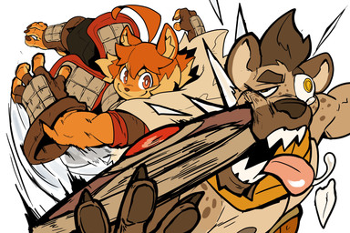 5_fingers 5_toes ahoge anthro armor boots bottomwear brown_body brown_fur brown_hair clothed clothing duo feet female fight fingerless_gloves fingers footwear fur gloves hair handwear humanoid_feet humanoid_hands inner_ear_fluff male markings mohawk open_mouth orange_body orange_eyes orange_fur orange_hair pants pawpads plantigrade sharp_teeth shield shoes short_hair simple_background smile spots spotted_body spotted_fur stirrup_footwear teeth toeless_boots toeless_footwear toes tongue tongue_out tuft white_background yellow_eyes ceehaz dog_knight_rpg maci_(ceehaz) canid canine canis domestic_dog gnoll hyena mammal pomeranian spitz 2025 3:2 absurd_res hi_res