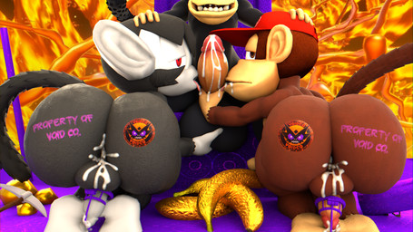 anthro banana big_butt black_body black_fur bodily_fluids branded brown_body brown_fur butt chastity_cage chastity_device clothing cum cum_in_ass cum_inside cum_on_penis feet food fruit fur genital_fluids genitals gold_(metal) group hand_on_head hat headgear headwear male male/male penis pickaxe plant prehensile_feet red_clothing red_hat red_headwear toes trio doommusk donkey_kong_(series) donkey_kong_bananza nintendo diddy_kong lire_(doommusk) void_kong ape chimpanzee haplorhine mammal pan_(genus) primate 16:9 3d_(artwork) 4k absurd_res blender_(artwork) digital_media_(artwork) hi_res huge_filesize widescreen