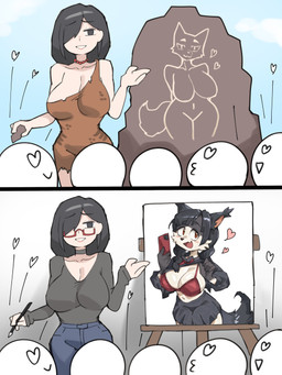 anthro big_breasts biped black_hair bottomwear bra breasts cavewoman cellphone clothed clothing electronics eyewear female front_view glasses hair hair_over_eye heart_symbol holding_cellphone holding_object holding_phone phone public pupils red_clothing rock skirt smartphone smile topwear underwear wearing_glasses wide_hips iepelppa canid canine human mammal absurd_res comic hi_res