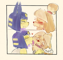 2_panel_comic anthro assertive_female blonde_hair blue_hair blush bob_cut bodily_fluids cheek_lick confusion duo face_lick female female/female female_anthro flustered frown hair hair_bun hair_up heart_symbol imminent_kiss kissy_lips licking licking_another licking_partner looking_at_another looking_at_partner love nervous romantic romantic_couple saliva saliva_string surprised thought_bubble tongue unimpressed yellow_body trashyy_noway animal_crossing nintendo ankha_(animal_crossing) isabelle_(animal_crossing) canid canine canis domestic_cat domestic_dog felid feline felis mammal shih_tzu toy_dog 2025 comic