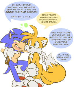 alcohol anthro beverage big_eyes big_head blue_body blue_eyes blue_fur blush dialogue drunk duo eye_contact food fur green_eyes half-closed_eyes imminent_rape imminent_sex looking_at_another male multi_tail narrowed_eyes profanity substance_intoxication tail text toony emerald-physics sega sonic_the_hedgehog_(series) miles_prower sonic_the_hedgehog canid canine eulipotyphlan fox hedgehog mammal english_text