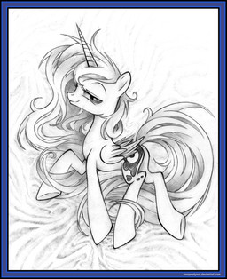 black_border border cutie_mark female feral folded_wings hair horn lidded_eyes long_hair long_tail looking_at_viewer lying messy_hair on_side quadruped simple_background smile solo tail text tired wings uminanimu friendship_is_magic hasbro my_little_pony mythology princess_luna_(mlp) equid equine horse mammal mythological_creature mythological_equine pony winged_unicorn 2015 absurd_res graphite_(artwork) hi_res monochrome sketch traditional_media_(artwork) url