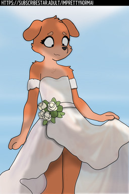 anthro blue_sky clothing cloud day dress eyeliner female flower fluffy fur looking_down makeup outside plant shadow simple_background sky smile solo wedding_dress young young_anthro imprettynormai erin_(imprettynormai) canid canine mammal 2:3 absurd_res hi_res