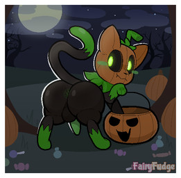 anus backsack balls big_butt black_sclera blush blush_stickers border butt candy chewing dessert embarrassed erection feral food for_a_head fruit genitals glowing glowing_eyes green_blush green_eyes looking_back male moon night paw_pose paws penis plant pose pumpkin pumpkin_head quadruped rear_view solo text white_border fairyfudge pumkat domestic_cat elemental_creature felid feline felis flora_fauna mammal object_head artist_name digital_media_(artwork)