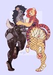 anthro anthro_on_anthro big_butt breast_squish breasts breasts_frottage butt clothed clothing duo ear_piercing ear_ring female female/female fishnet_clothing fishnet_legwear genitals huge_butt inner_ear_fluff interspecies legwear looking_at_viewer looking_back on_one_leg pawpads piercing purple_eyes pussy rear_view ring_piercing side_boob simple_background squish standing tongue tongue_out topless torn_clothing tuft nastypasty tia_(nastypasty) felid hyena mammal pantherine spotted_hyena tiger 2018 absurd_res hi_res