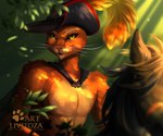 anthro cape clothed clothing fur fuzzy green_eyes hat headgear headwear horseback_riding light light_beam looking_at_viewer male nature nature_background open_mouth orange_body orange_fur plant riding riding_on_back sunbeam sunlight topless topless_anthro topless_male whiskers yellow_eyes livitoza dreamworks puss_in_boots_(franchise) puss_in_boots_(dreamworks) domestic_cat equid equine felid feline felis horse mammal hi_res