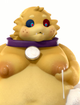 anthro big_breasts bodily_fluids breasts collar freckles heterochromia lactating looking_at_self male overweight overweight_male shirtless solo yellow_body nutpillow prince_glibbon_(nutpillow) alien alienoke 3d_(artwork) digital_media_(artwork) hi_res