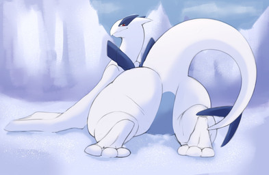 all_fours ambiguous_gender anthro bedroom_eyes big_butt biped blue_body butt detailed_background featureless_crotch feet ice looking_at_viewer looking_back looking_back_at_viewer lying multicolored_body narrowed_eyes null on_front presenting presenting_hindquarters rear_view red_eyes seductive semi-anthro smile snow solo tail tailbutt thick_thighs two_tone_body white_body wide_hips xeniyy nintendo pokemon generation_2_pokemon legendary_pokemon lugia pokemon_(species) 2022 absurd_res digital_drawing_(artwork) digital_media_(artwork) hi_res