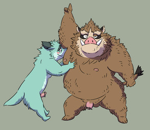 anthro armpit_fetish armpit_sniffing balls belly blue_body blue_fur blush brown_body brown_fur duo eyes_closed fur genitals kemono male male/male moobs nipples overweight overweight_male penis simple_background sniffing gadoran mammal suid suine sus_(pig) wild_boar 2015