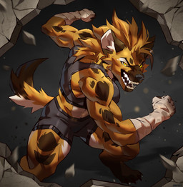 action_pose anthro bottomwear breasts broken_wall brown_body brown_fur brown_hair claws clothed clothed_female clothing female fully_clothed fully_clothed_female fur hair hand_wraps markings muscular muscular_anthro muscular_female pose sharp_teeth shorts solo spots spotted_body spotted_fur tail teeth toe_claws wraps yellow_eyes whymete hyena mammal spotted_hyena hi_res