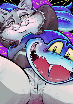 anthro bent_whiskers clothing duo eyebrows feral happy looking_at_viewer male narrowed_eyes one_fang pink_nose raised_eyebrow sharp_teeth smile sweater teeth topwear shimo_mi_0503 disney zootopia gary_de'snake pawbert_lynxley canada_lynx felid feline lynx mammal pit_viper reptile scalie snake viper digital_media_(artwork) hi_res