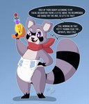 anthro clean_diaper dialogue diaper looking_at_viewer male regression simple_background solo speech_bubble text maynara indigo_park rambley_raccoon mammal procyonid raccoon absurd_res english_text hi_res