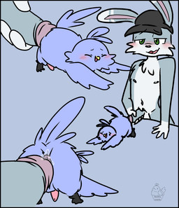 animal_genitalia anthro anthro_on_feral anus balls beak bestiality blush bodily_fluids butt clothing duo erection extreme_size_difference feathers feral genital_fluids genitals hat hat_only headgear headgear_only headwear headwear_only holding_penis humanoid_genitalia humanoid_penis larger_anthro male male/male male_on_feral mostly_nude nipples nude open_mouth penis presenting presenting_anus prodding raised_tail simple_background size_difference smaller_feral smile spread_legs spreading tail tail_feathers tapering_penis wings conditional_dnp muffinlewds blueberry_muffin_(muffinlewds) ray_the_vigilante avian bird lagomorph leporid mammal rabbit digital_media_(artwork) hi_res