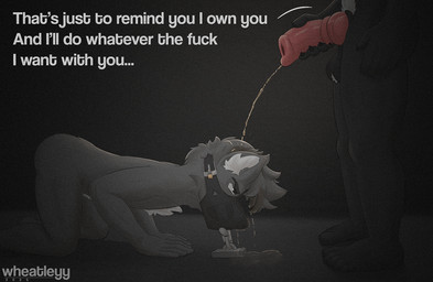 all_fours animal_genitalia animal_penis anthro bdsm bodily_fluids bondage bound canine_genitalia canine_penis chain chained chained_to_floor chastity_cage chastity_device dialogue dominant dominant_anthro dominant_male duo forced genital_fluids genitals grey_body half-erect holding_penis humiliation inner_ear_fluff inside knot knotted_penis lock male male/male metal_chastity_cage muzzle_(object) muzzled on_ground padlock peeing peeing_on_another penis profanity pubes red_penis restrained restraints slave standing submissive submissive_anthro submissive_male text tuft urine urine_on_face urine_on_ground urine_stream vein veiny_penis watersports wearing_chastity_cage wearing_chastity_device wheatleyy canid canine canis mammal wolf 2025 english_text