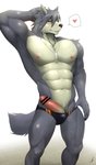 2020 abs accessory anthro biceps blush canid canine canis claws clothed clothing cock_ring digital_media_(artwork) dog_tags domestic_dog genitals hand_behind_head hi_res humanoid_genitalia humanoid_penis husky ig jewelry kouya_(morenatsu) male mammal morenatsu muscular muscular_anthro muscular_male necklace nipples nordic_sled_dog pecs penis penis_accessory penis_jewelry solo speedo spitz swimwear topless yellow_eyes