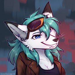 anthro black_ear_tips blue_eyes breasts dipstick_ears ear_markings fangs female hair medium_breasts mischevious multicolored_ears smile smiling_at_viewer smirk smirking_at_viewer teal_hair teeth white_body lonerdemiurge canid canine fox mammal 1:1 hi_res portrait