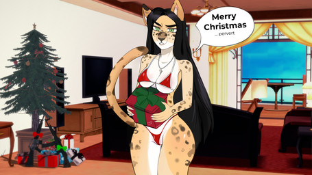 anthro bikini blush body_blush breasts camel_toe christmas_present christmas_tree clothing female frustrated genitals gift hair holidays plant pussy_floss skimpy_bikini solo swimwear text tree two-piece_swimsuit under_boob vulva vulva_blush iokshinka christmas monika_(pistolpete) african_leopard felid leopard mammal pantherine absurd_res english_text hi_res