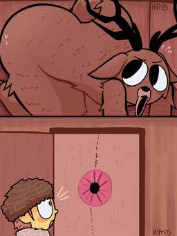 anthro antlers anus ass_up big_butt brown_body brown_fur brown_hair butt clothing duo emanata fur hair hat headgear headwear horn looking_back male open_mouth sweat_emanata thick_thighs yellow_body kitteds 99_nights_in_the_forest roblox deer_(99_nights_in_the_forest) deer humanoid mammal 3:4 signature