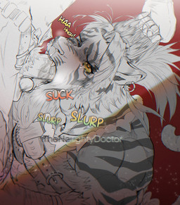 anthro duo fellatio kordan male male/male muscular oral penile sex thenaughtydoctor afk_arena afk_journey lilith_games kordan_(afk_journey) felid mammal pantherine tiger furry hi_res