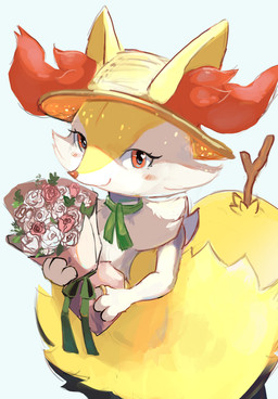 3_fingers ambiguous_anthro ambiguous_gender anthro arm_tuft biped black_body black_fur blush blush_lines blush_stickers bouquet cheek_tuft chest_tuft closed_smile clothing eyelashes facial_tuft fingers flat_chested flower front_view fur green_scarf hat headgear headwear heart_symbol high-angle_view hip_tuft holding_flower holding_object inner_ear_fluff leaf looking_at_viewer mostly_nude_ambiguous mostly_nude_anthro mouth_closed multicolored_body multicolored_fur object_in_tail orange_body orange_eyes orange_fur orange_inner_ear_fluff orange_nose plant ring scarf shoulder_tuft simple_background smile snout solo standing stick stick_in_tail straw_hat tail three-quarter_view tuft white_background white_body white_fur yellow_body yellow_clothing yellow_fur yellow_hat yellow_headwear yellow_tail chufflepop nintendo pokemon braixen canid generation_6_pokemon mammal pokemon_(species) 2024 colored digital_drawing_(artwork) digital_media_(artwork) digital_painting_(artwork) half-length_portrait hi_res painting_(artwork) portrait shaded