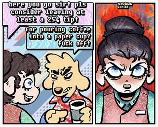aloha_shirt anthro beverage black_hair clothing coffee coffee_cup container cup death_glare dialogue duo female floppy_ears fur glare hair half-closed_eyes humor male narrowed_eyes open_mouth open_smile pattern_clothing pattern_shirt pattern_topwear shirt smile speech_bubble text topwear vest white_body white_fur wide_eyed yellow_body yellow_fur rawdawgcomics stahli_(rawdawgcomics) bird_dog canid canine canis domestic_dog golden_retriever hunting_dog mammal retriever 5:4 comic english_text