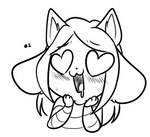 blush bodily_fluids clothed clothing drooling fur hair heart_eyes heart_symbol open_mouth saliva simple_background smile solo sweat symbol-shaped_eyes text topwear white_body white_fur princesspeepo undertale undertale_(series) temmie_(undertale) canid canine felid feline mammal tem low_res monochrome