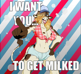 anthro bodily_fluids bottomwear clothing country_girl cum denim denim_bottomwear denim_clothing denim_shorts farmer female genital_fluids gesture hand_gesture hotpants motivating pattern_clothing pattern_shirt pattern_topwear plaid plaid_clothing plaid_shirt plaid_topwear pointing pointing_at_viewer poster shirt shorts solo topwear tj-45 edna uncle_sam bovid bovine cattle mammal