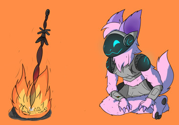 ambiguous_gender anthro bonfire ears_up fire fur hair machine male melee_weapon pink_hair protogen_visor screen screen_face simple_background sitting smile solo sword weapon seiunichi dark_souls fromsoftware protogen hi_res