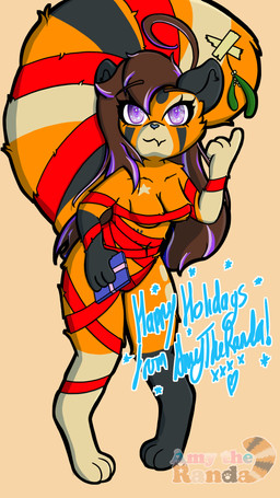 3_fingers 3_toes anthro bangs breasts cleavage clothed clothing eyebrows facial_markings feet female fingers flirting flirting_with_viewer gesture gift hair_over_shoulder hand_gesture head_markings heart_(marking) highlights_(coloring) holding_object holiday_message holidays looking_at_viewer markings mistletoe plant pointing raised_eyebrow ribbon_only ribbons simple_background skin_fang solo star_(marking) tape thick_outline toes tuft wrapped_up amytheranda christmas princesses_of_the_board_(amytheranda) king_starlight_(amytheranda) ailurid mammal red_panda 4k 9:16 absurd_res cel_shading hi_res shaded watermark