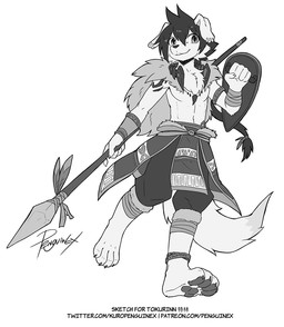 anthro barefoot bottomwear cape clothed clothing ear_piercing ear_ring feet floppy_ears glistening glistening_eyes glistening_hair hair holding_melee_weapon holding_object holding_polearm holding_shield holding_spear holding_weapon jewelry loincloth looking_at_viewer male melee_weapon messy necklace pants piercing polearm ring_piercing shield simple_background solo spear text walking weapon penguinexperience canid canine canis domestic_dog mammal full-length_portrait monochrome portrait signature url