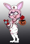 3_fingers 3_toes anthro blood blood_on_hand blush bodily_fluids clothing costume dress eyewear feet female fingers food fruit fur glasses gloves grey_background hair handwear hat headgear headwear holding_object holidays legwear looking_at_viewer nervous_smile nurse nurse_clothing nurse_dress open_mouth pink_body pink_eyes pink_fur pink_hair plant pose pumpkin short_hair simple_background smile solo standing stockings sweat sweatdrop toes wearing_glasses white_clothing white_dress white_gloves white_handwear white_hat white_headwear white_legwear white_stockings skeletonkid5 halloween hi-rez_studios paladins_(game) rei_(paladins) lagomorph leporid mammal rabbit 2023 hi_res