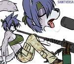 anthro bodily_fluids boots bottomwear bra breasts clothed clothing eyeshadow female footwear gun gun_safety_fail machine_gun makeup male open_mouth pants ranged_weapon saliva saliva_string shoes simple_background sitting solo underwear weapon white_background saintversa