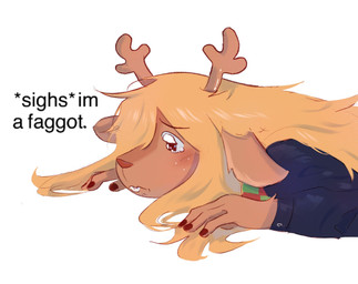 anthro antlers black_nails blonde_hair bodily_fluids buckteeth colored_nails female freckles hair homophobic_slur horn nails on_ground simple_background solo tears teeth text white_background cloudparadise deltarune undertale_(series) noelle_holiday deer mammal new_world_deer reindeer 2025 english_description english_text hi_res meme
