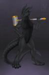 5_fingers anthro black_body blue_eyes curved_horn featureless_crotch fingers holding_object holding_weapon horn male nude pupils simple_background slit_pupils solo standing tail weapon weapon_on_shoulder minerea mythology dragon kobold mythological_creature mythological_scalie scalie 2018 digital_media_(artwork) hi_res