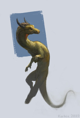 ambiguous_gender fangs feral green_body green_scales horn looking_aside mane scales simple_background solo tail teeth underbite karbik_(artist) mythology dragon mythological_creature mythological_scalie scalie wingless_dragon 2023 hi_res