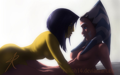 all_fours arm_support backward_arm_support blue_eyes blue_pseudo_hair breasts convenient_censorship duo eyebrows facial_markings female female/female female_humanoid green_body green_skin hair head_markings humanoid_on_humanoid interspecies lekku_(anatomy) light lips looking_at_another looking_at_partner markings medium_breasts medium_hair monotone_body monotone_hair monotone_skin multicolored_pseudo_hair not_furry nude nude_female nude_humanoid open_mouth orange_body orange_skin pseudo_hair purple_hair reclining side_view simple_background striped_pseudo_hair two_tone_pseudo_hair white_background white_eyebrows white_markings white_pseudo_hair white_sclera raikoh-illust star_wars star_wars:_the_clone_wars ahsoka_tano barriss_offee alien alien_humanoid humanoid mirialan togruta lighting
