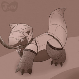 claws clothing collar collar_ring crawling eyelashes grin half-closed_eyes leash lingerie looking_at_viewer male narrowed_eyes raised_tail seductive sketchy slightly_chubby smile solo tail jasucharm kinktober_2025 nintendo pokemon alolan_form alolan_sandshrew generation_7_pokemon pokemon_(species) regional_form_(pokemon) 1:1 2025 absurd_res digital_drawing_(artwork) digital_media_(artwork) hi_res monochrome sepia shaded