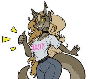 5_fingers anthro belt black_choker black_jewelry black_necklace blonde_hair bottomwear breasts choker clothed clothed_anthro clothed_female clothing denim denim_bottomwear denim_clothing emanata female fingers gesture hair hand_gesture jeans jewelry long_hair looking_at_viewer necklace notched_ear pants shirt simple_background small_breasts solo t-shirt tail thumbs_up topwear white_background yellow_eyes duase fallout microsoft sally_(duase) canid canine canis coyote hybrid mammal night_stalker_(fallout) reptile scalie snake 2024 absurd_res hi_res