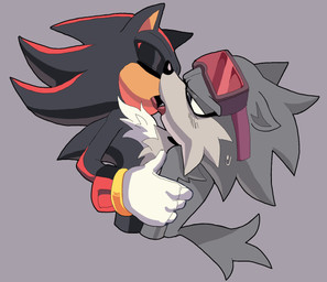 anthro black_body black_fur blush blush_lines bodily_fluids cheek_tuft chest_tuft clothing duo eyes_closed eyewear facial_tuft french_kissing fur gloves goggles grey_background grey_body grey_fur handwear holding_another inhibitor_ring kissing male male/male open_mouth quills_(anatomy) red_stripes simple_background stripes sweat sweatdrop tan_body tan_skin tuft fuckwolfamy sega sonic_the_hedgehog_(series) shadow_the_hedgehog wolf_guy_(idw_sonic) canid canine canis eulipotyphlan hedgehog mammal wolf shaded